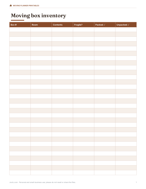 Preview of Printable Moving Box Inventory